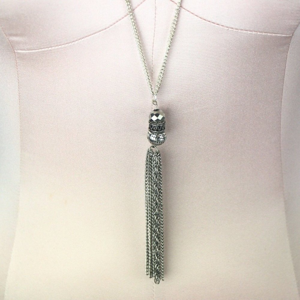 Color Long Necklace 32" Silver Tone with Beads and Tassel
